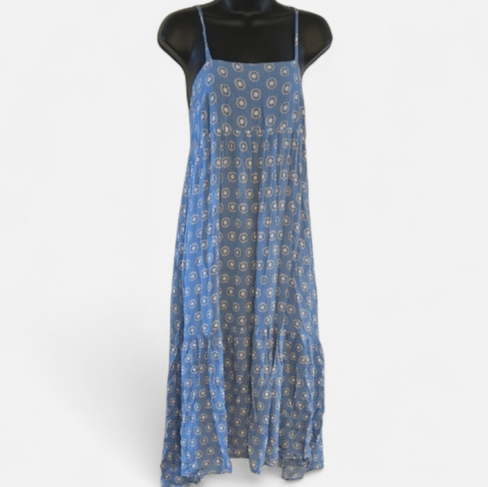 Urban Outfitters Maxi Sundress S Printed Tiered Sleeveless Babydoll Blue Flowy